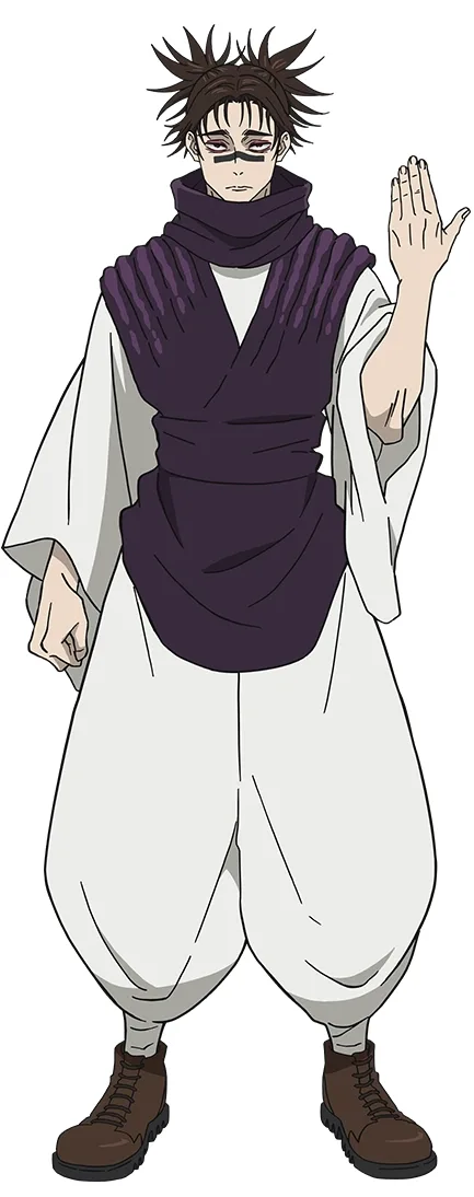 Choso full body purple vest tan robe scarf twin ponytails reference