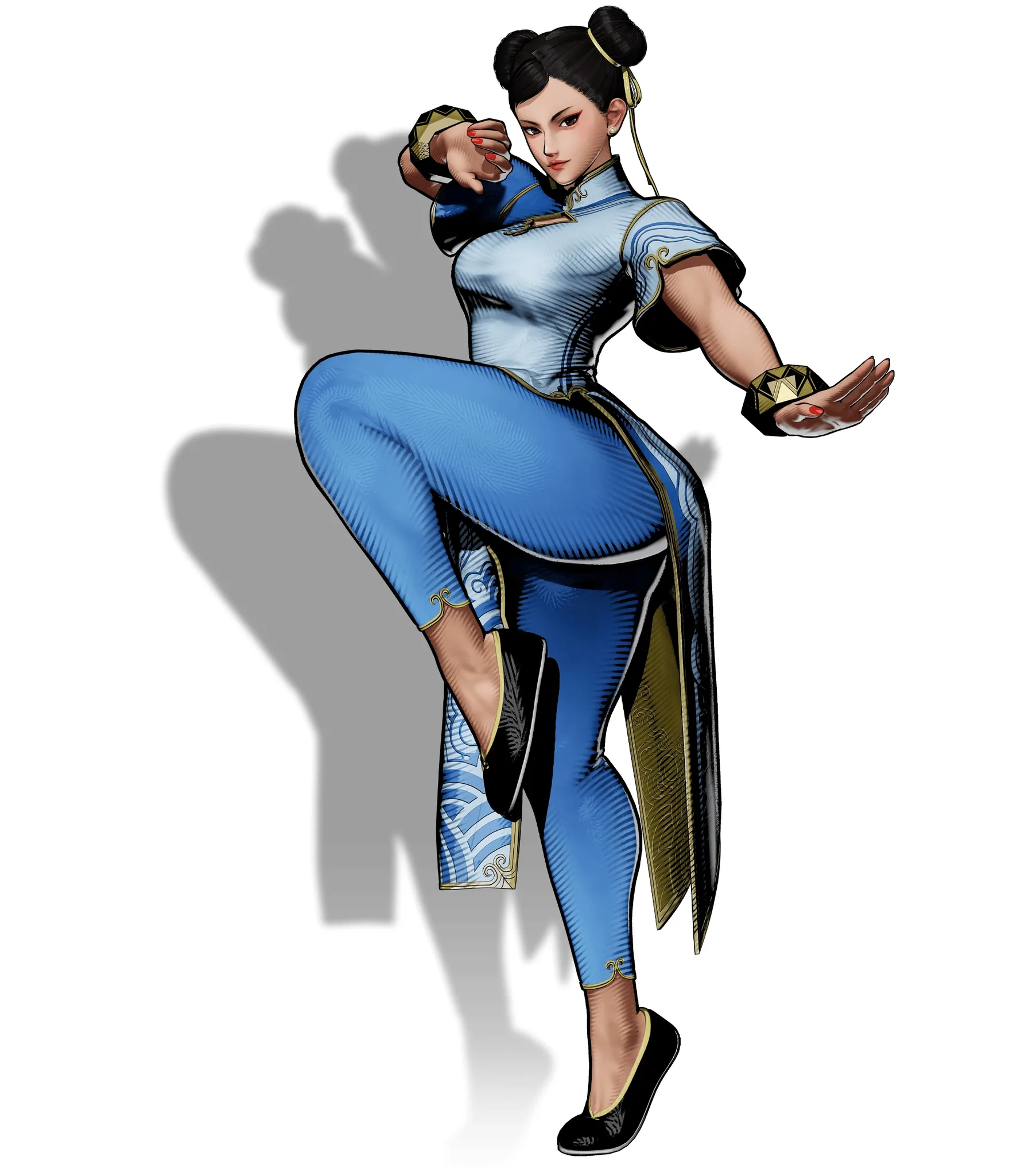Chun-Li full body sky blue qipao dress and braids reference