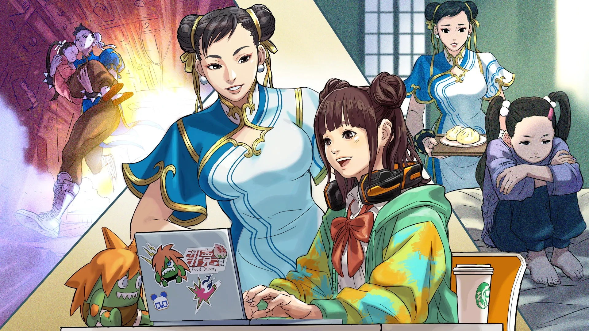 Chun-Li full body sky blue qipao dress and braids reference
