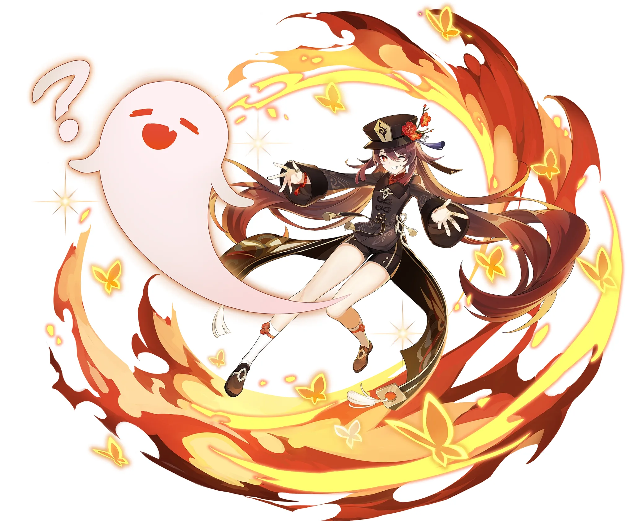 Hu Tao Genshin Impact full body character design porkpie hat twin braids brown coat reference