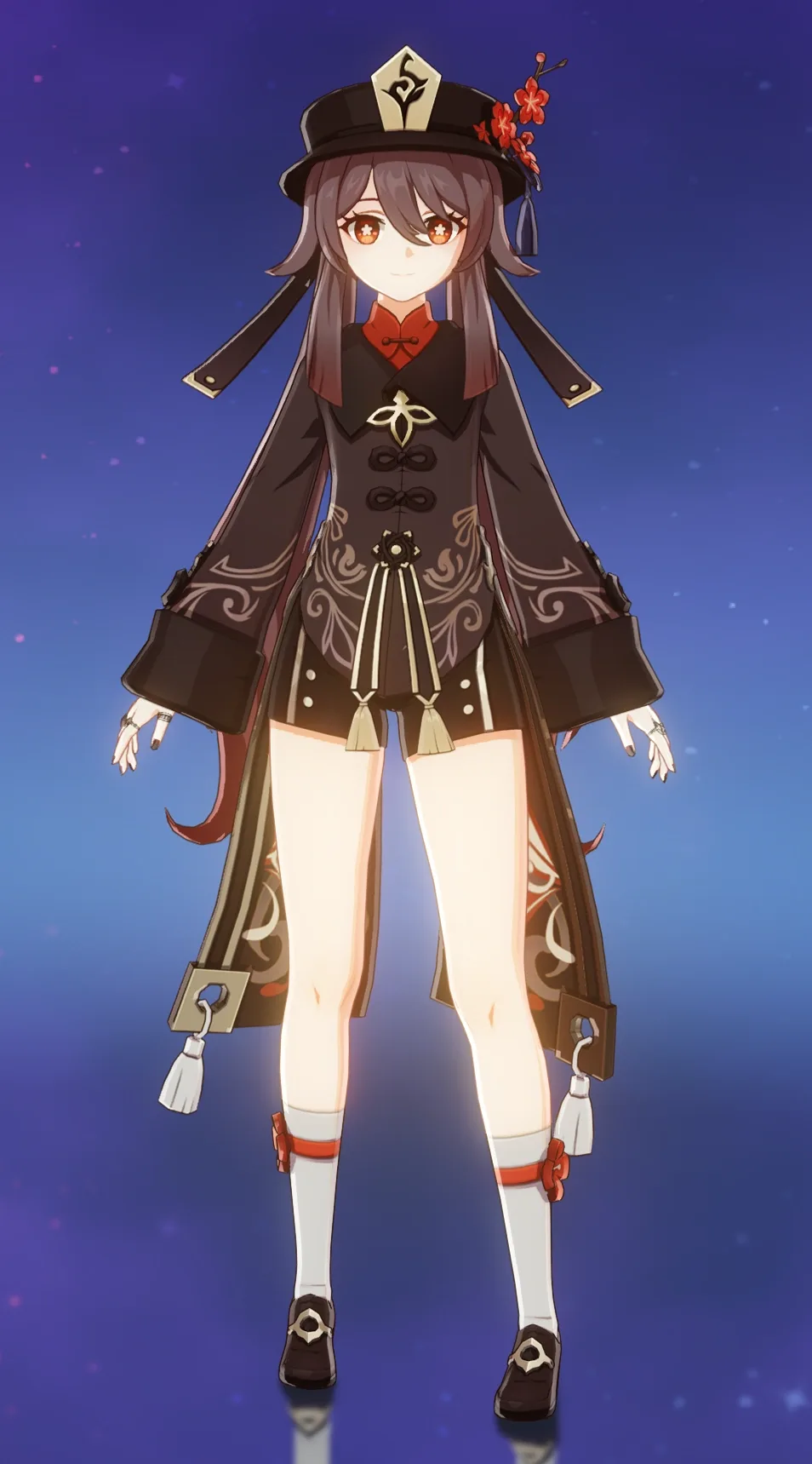 Hu Tao Genshin Impact full body character design porkpie hat twin braids brown coat reference