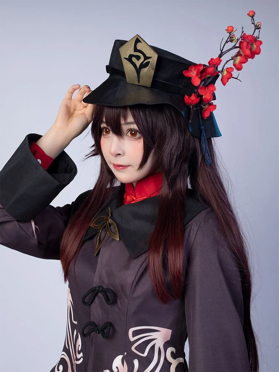 Hu Tao cosplay porkpie hat talisman plum blossom close up reference