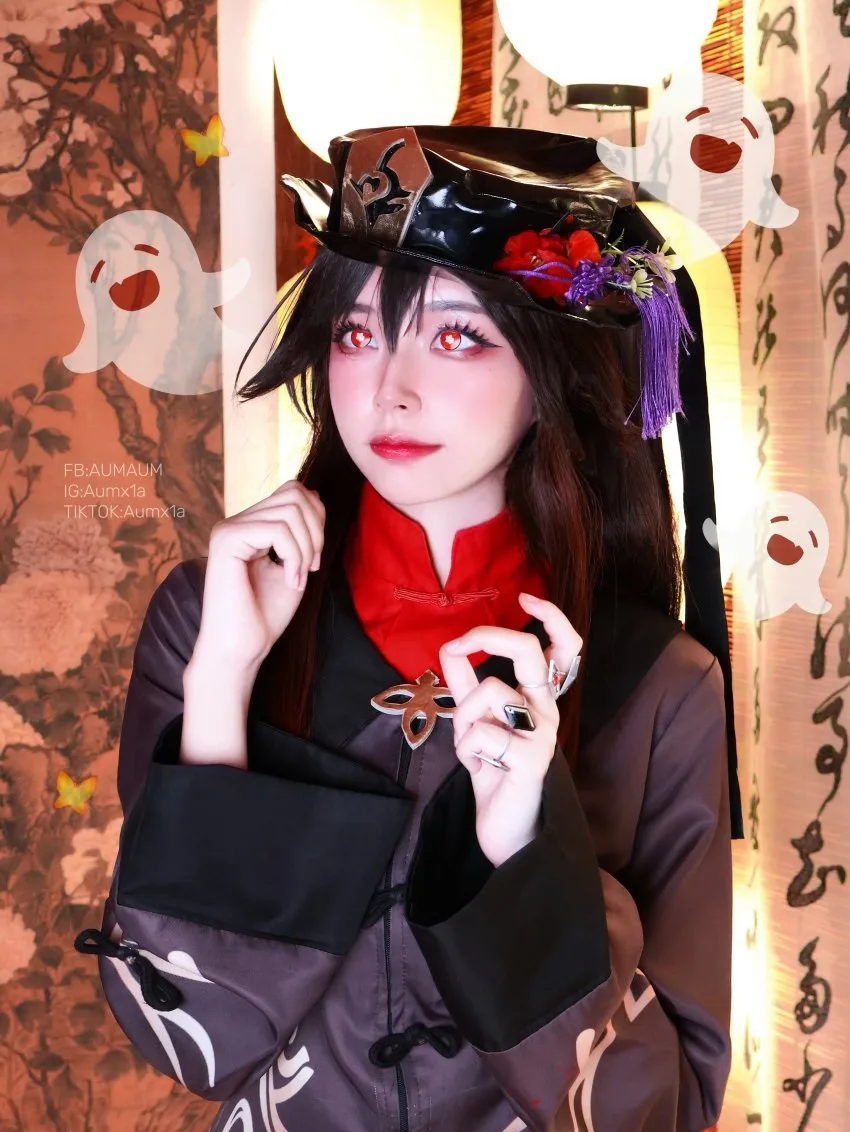 Hu Tao cosplay porkpie hat talisman plum blossom close up reference