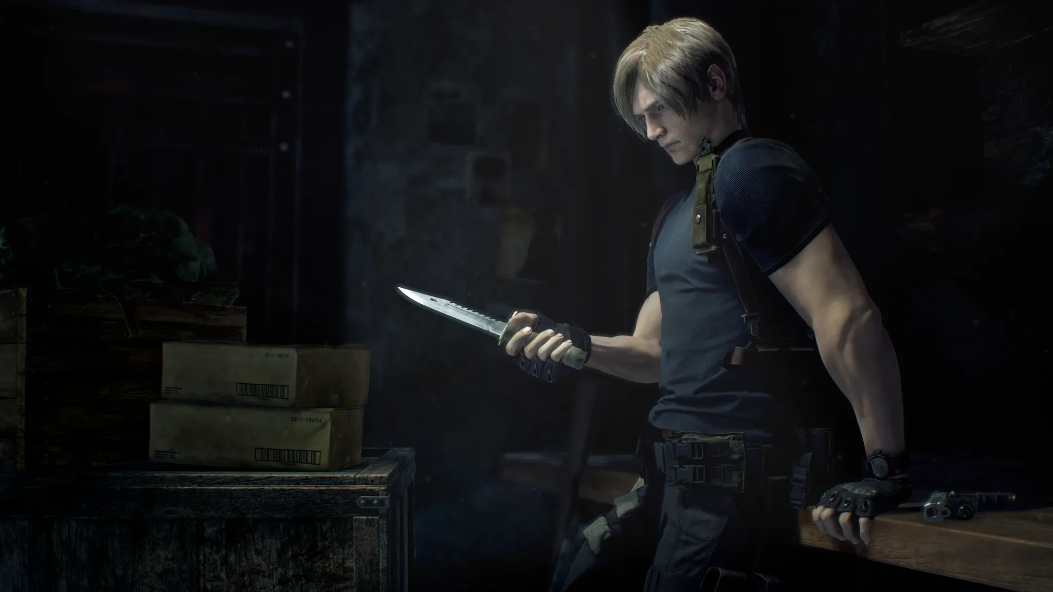 Leon Kennedy RE4 remake with the jacket off, showing the shoulder harness and knife
