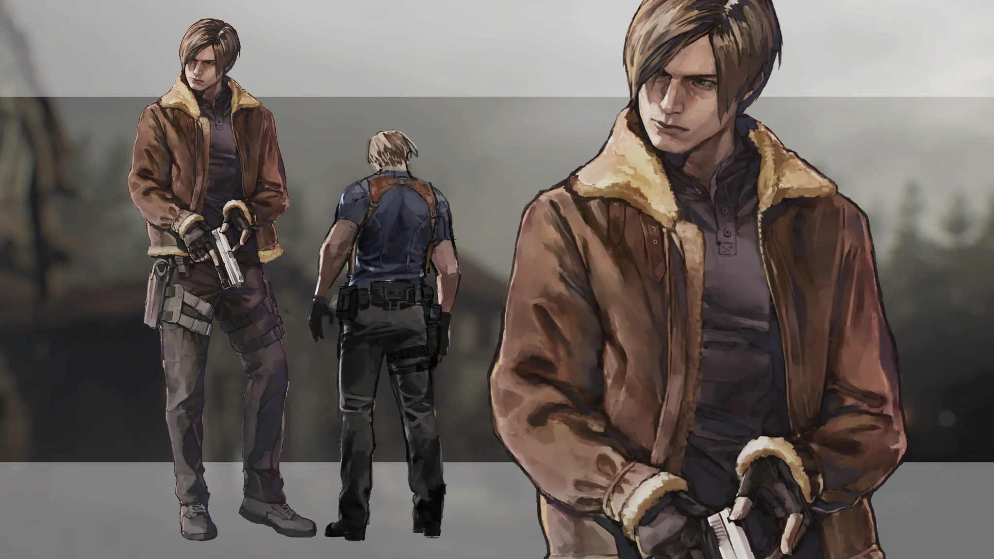 Leon Kennedy RE4 remake concept art showing front and back of the jacket, harness and belt