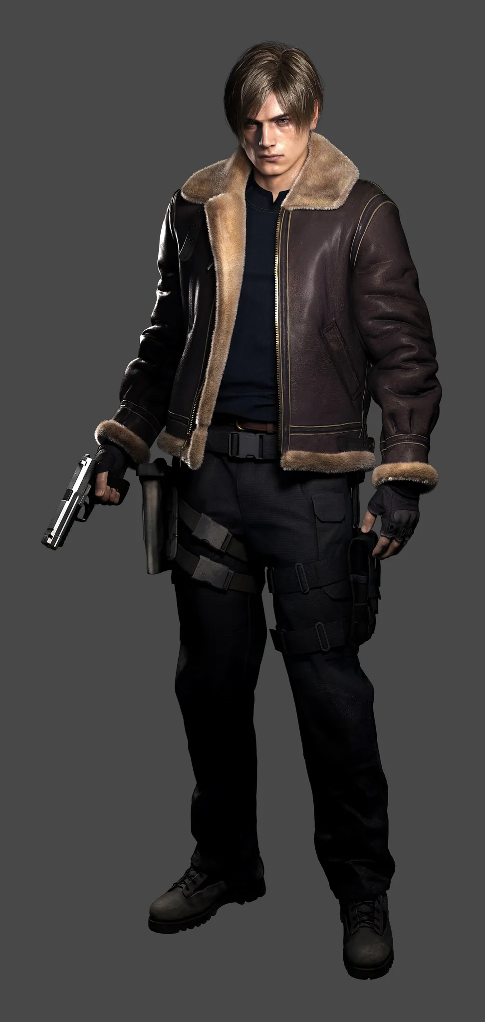 Leon Kennedy Resident Evil 4 remake full body render: brown shearling bomber, navy shirt, harness, drop-leg holster
