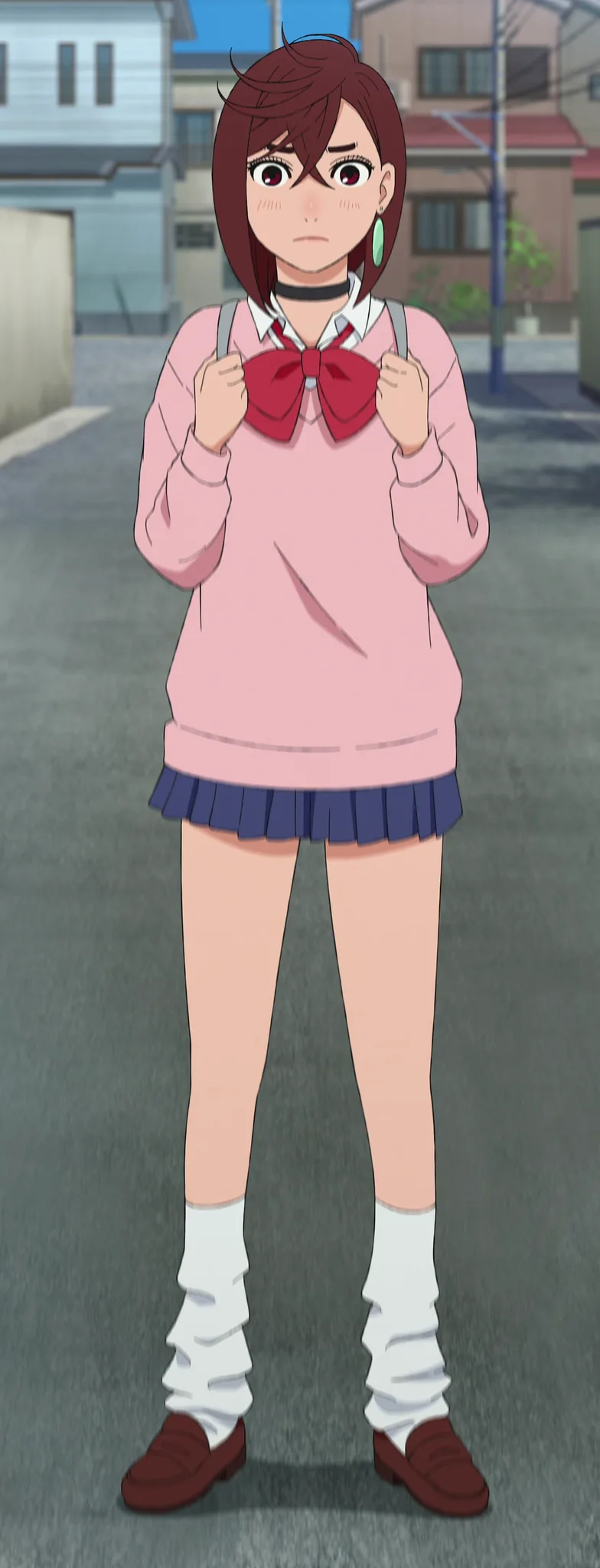 Momo Ayase full body Dandadan school uniform pink sweater reference