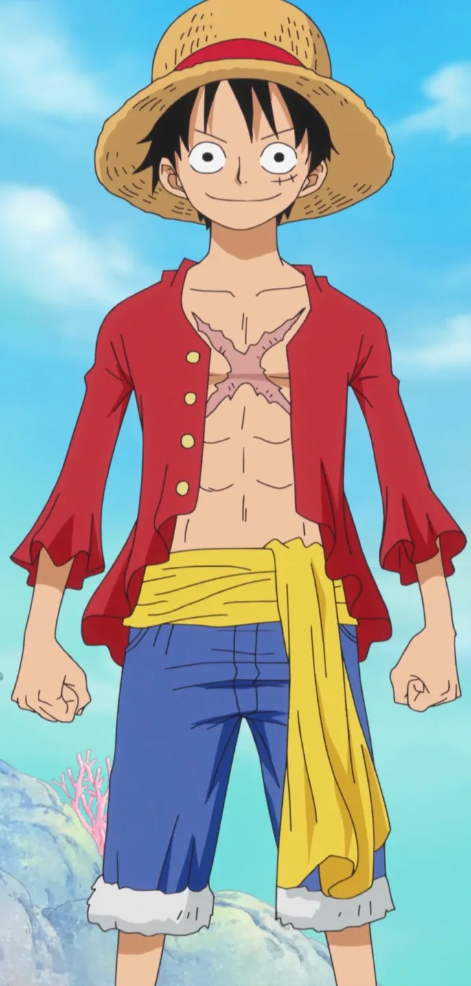 Monkey D. Luffy full body red vest blue shorts straw hat reference