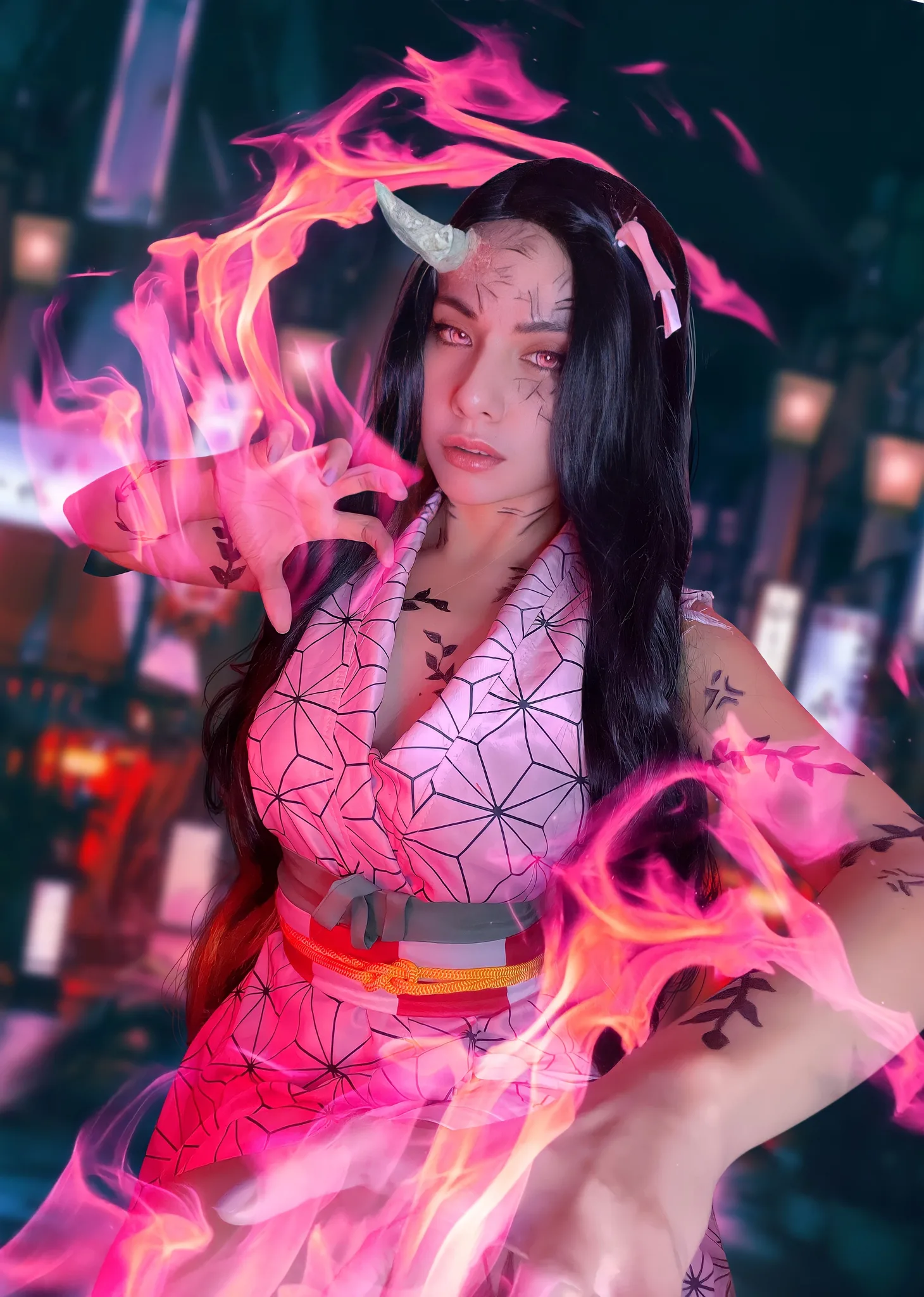 Nezuko demon form cosplay horn vine markings reference