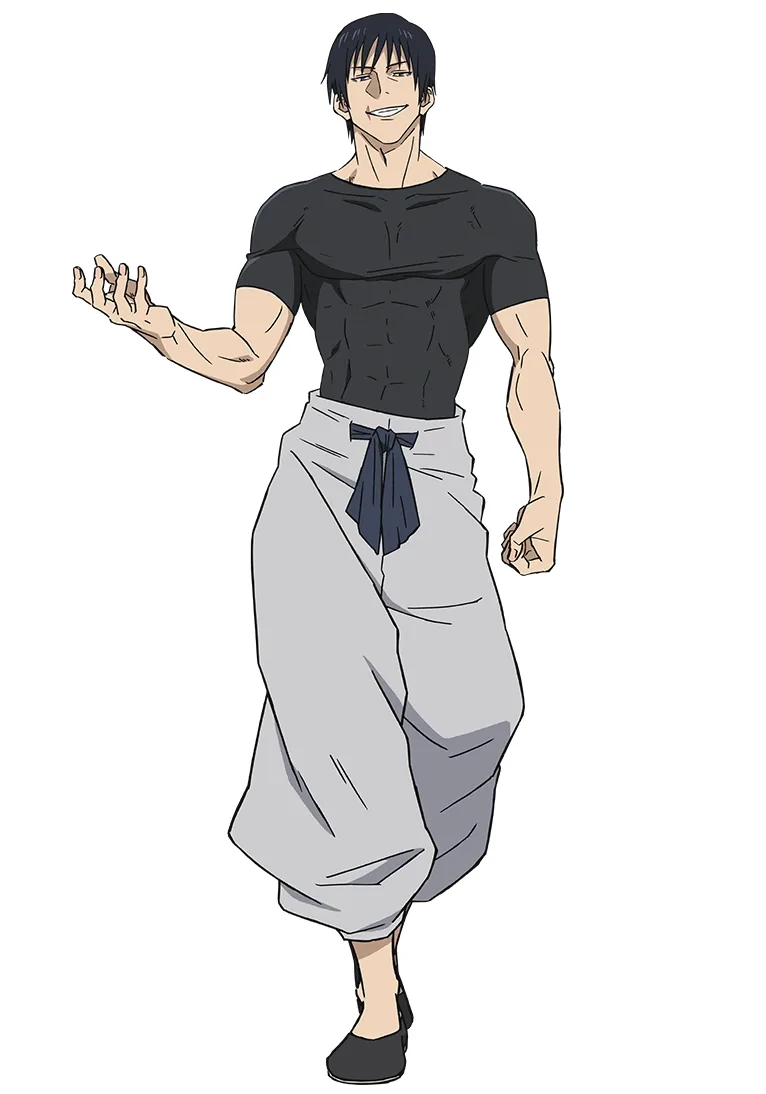 Toji Fushiguro full body black shirt white baggy pants worm reference