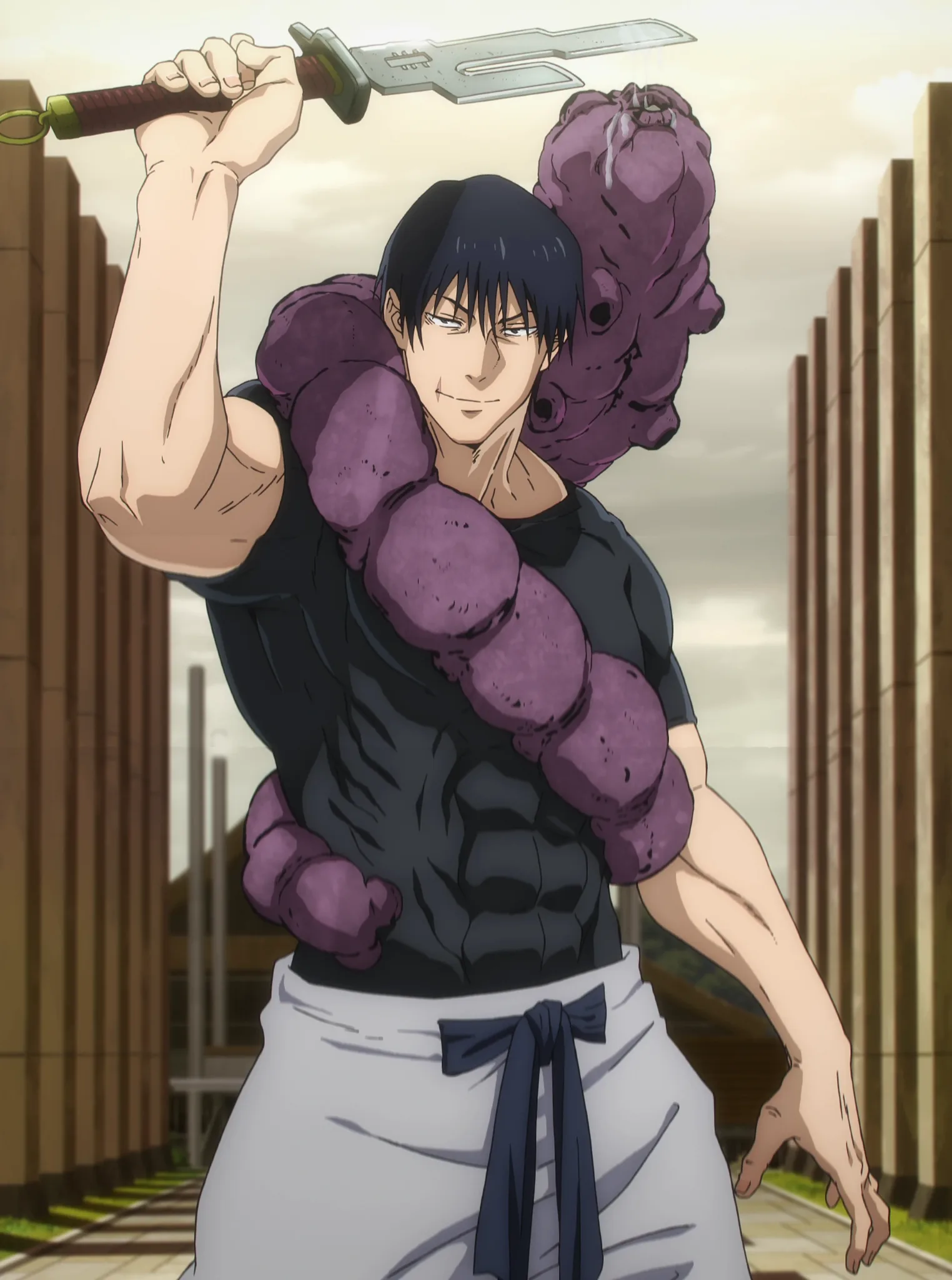 Toji Fushiguro full body black shirt white baggy pants worm reference